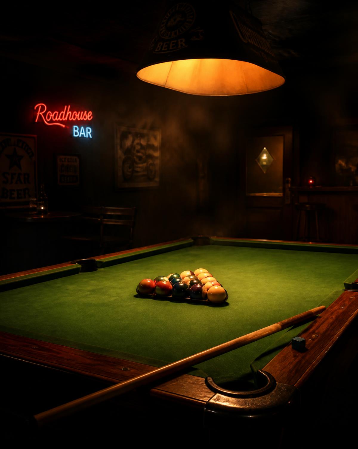 Pool table with racked balls under a warm hanging lamp